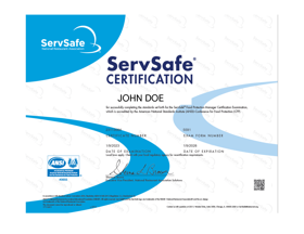 The Servafe Manager Cerficate is valid for 5 years and demonstrates the knowledge needed to manage food safety within food service establishents.