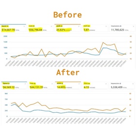 You can check the difference of  ROAS & ACOS
ROAS increased by 4 to 7
ACOS decrease from 26% to 15% so the brand got profitable enough with great ROI