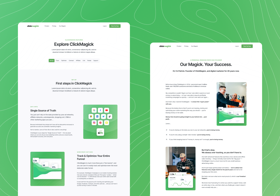 Example subpages for a MarTech product website. The first example demonstrates a Feature page, the second an 'About us' page