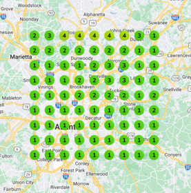 This demonstrates the ranking position for a keyword searched in each location on the map