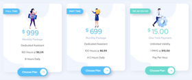 TaskVirtual Plans:
Full-Time: $999/month for 160 hours.
Part-Time: $699/month for 100 hours.
Pay-As-You-Go: $15/hour. 