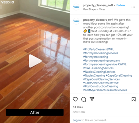 Received 600 organic views and 53 likes for Property Cleaners of SWFL's Instagram Reel (Before/After) floor cleaning video on June 7, 2022! 