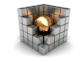 Gold ball within a cube highlighting the value of IT Architecture to deliver outstanding results