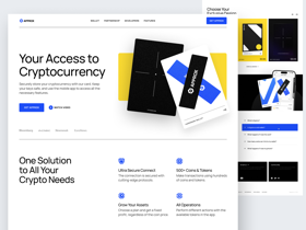 Crypto wallet website with a minimalistic design with a white background and bright blue and yellow colors to instantly grab the user's attention.