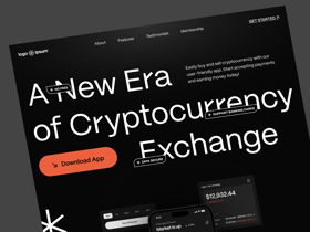 Design for a cryptocurrency exchange website, predominantly in black color with contrasting splashes of vibrant orange and 