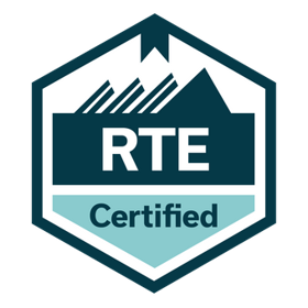 "SAFe Release Train Engineer (RTE) logo representing certified expertise in managing Agile Release Trains and facilitating scaled agile practices."