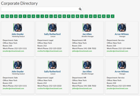 "Corporate directory with employee details: names, titles, departments, office locations, and contact info."
