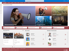 The intranet portal includes announcements, events, new joiners, birthdays, and resources for employees.

