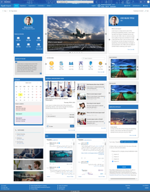 The image shows a Riyadh Airport SharePoint dashboard with tools, announcements, calendar, tweets, and surveys.