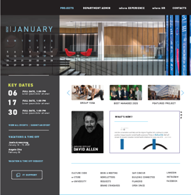 Image shows a company portal with calendar, key dates, vacations, employee spotlight, and news updates.