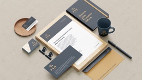Professional branding for "P&M," featuring sleek stationery, notebooks, and mugs. The minimalist design.