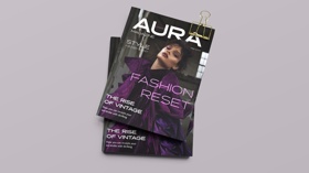 A modern magazine design for "AURA," featuring bold typography and striking imagery. Perfectly capturing the essence of fashion and style.