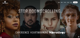 Bold portraits and "STOP DOOMSCROLLING" invite users to explore heartwarming stories, with easy navigation and a clear call to donate.