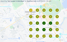 Local SEO map ranking for a restaurant in specific region "best burger in islamabad"