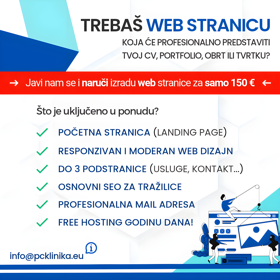 Slika predstavlja kratki opis ponude 'Izrada web stranica'. Na slici je napisana cijena izrade web stranice, osnovni sadržaj ponude te kontakt email.