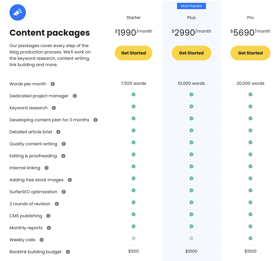 Content packages:
Our packages cover every step of the blog production process. We’ll work on the keyword research, content writing, link building and