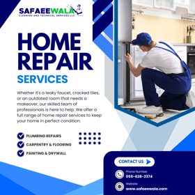 A Safaeewala graphic advertises "Home Repair Services" in Dubai. It shows a technician fixing a cupboard and lists core services.