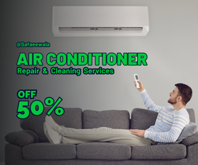 A promotional image from @Safaeewala features a man relaxing on a sofa, pointing an AC remote at a wall-mounted unit. 