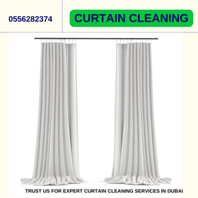 A skilled technician is pictured steam-cleaning a heavy, hanging curtain in a modern Dubai apartment. The image highlights the on-site service.