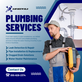 A uniformed plumber with a wrench and equipment, focused on a pipe repair under a sink. The graphic highlights key services.