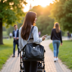 Generated lifestyle photo of mom holding tote bag while pushing a stroller
