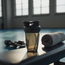 Generated lifestyle photo of protein shaker on a gym bench