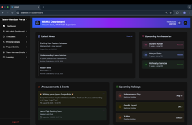 HRMS portal with employee, attendance, leave, payroll, and policy modules for streamlined workforce management.