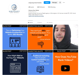 Example of Odyssey New Media's Instagram Profile overview. Optimised profile, stylised posts and mixed variety of reels and stories.