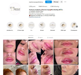 Example of Starbrows Aesthetics Instagram profile showing the variety of stylised posts and high follower levels achieved (over 15.6k)