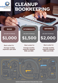 Cleanup Packages:

Basic: $1,000 (up to $30K/month)
Intermediate: $1,500 ($30K–$60K)
Advanced: $2,000 ($60K–$120K)