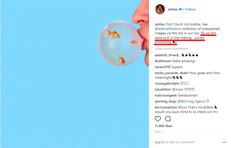 Adobe promotes its services and showcases its products on Instagram.