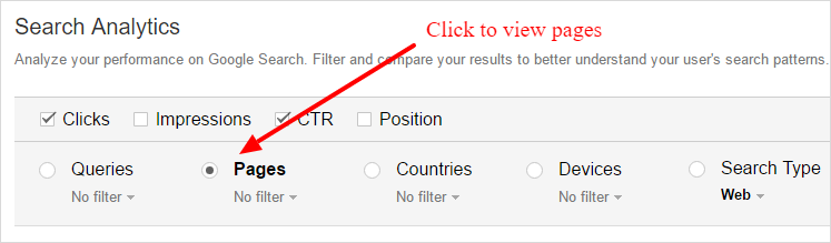 Finding the report that lists click-through rates by page URL in Google Search Console
