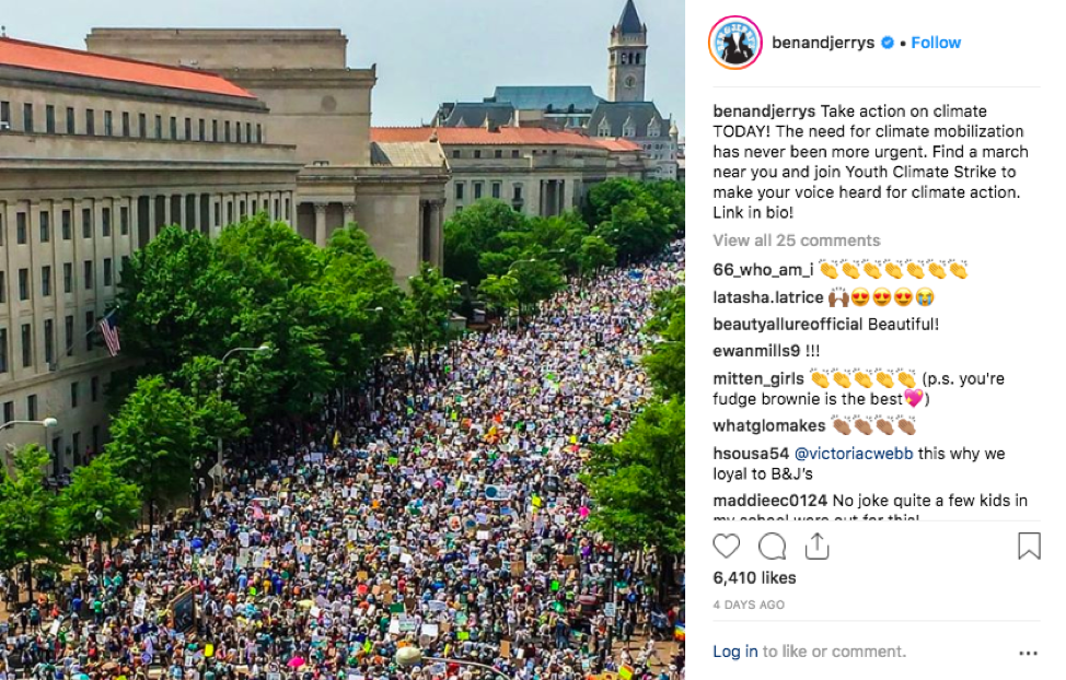 Ben & Jerry's includes calls to action for social issues and causes on social media.