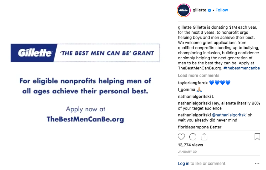 Gillette will donate money to nonprofit organizations “helping boys and men achieve their best.”