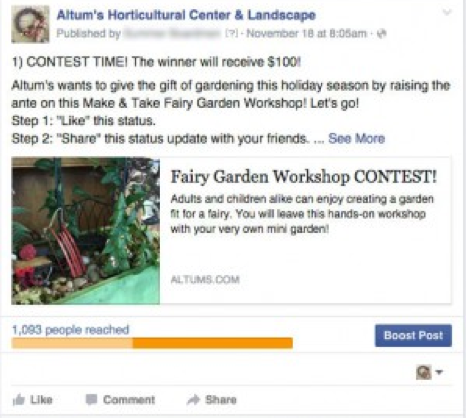 Social media contests, such as the one Altum's Horticultural Center & Landscape ran, can drive new engagement