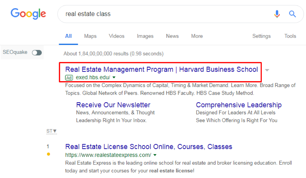 Harvard’s PPC ad is visible above the organic search results