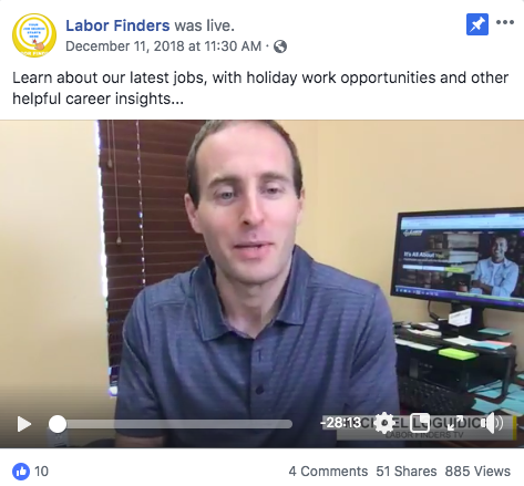 Labor Finders hosts livestreams with job opportunity updates.