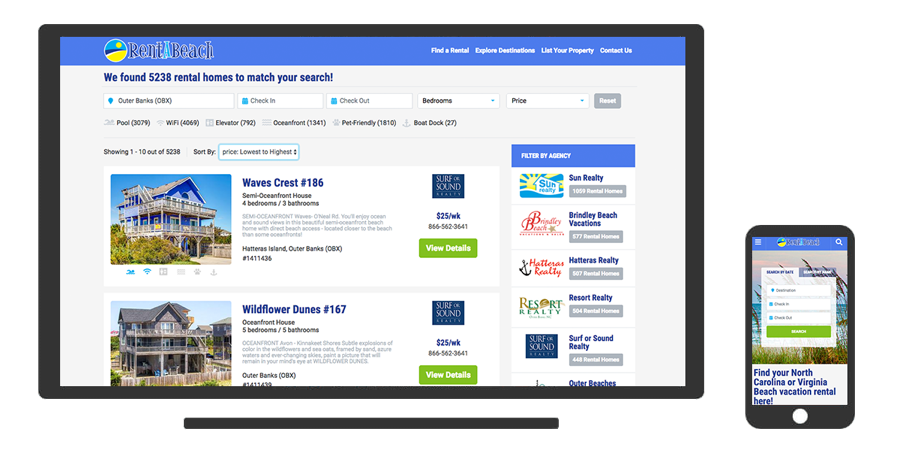 RentABeach.com requires a large database that users can search.