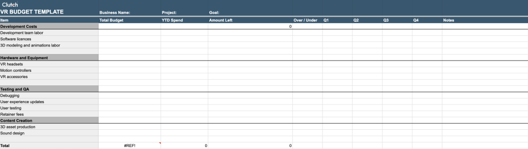 VR development budget template 