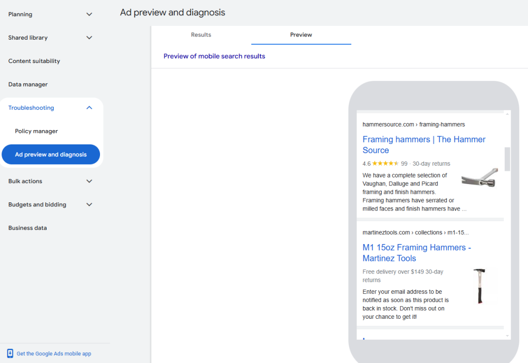 Ad preview and diagnosis