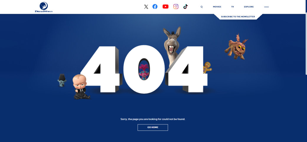 404 page on DreamWorks' website