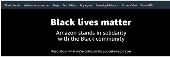 Amazon's web banner says Black Lives Matter