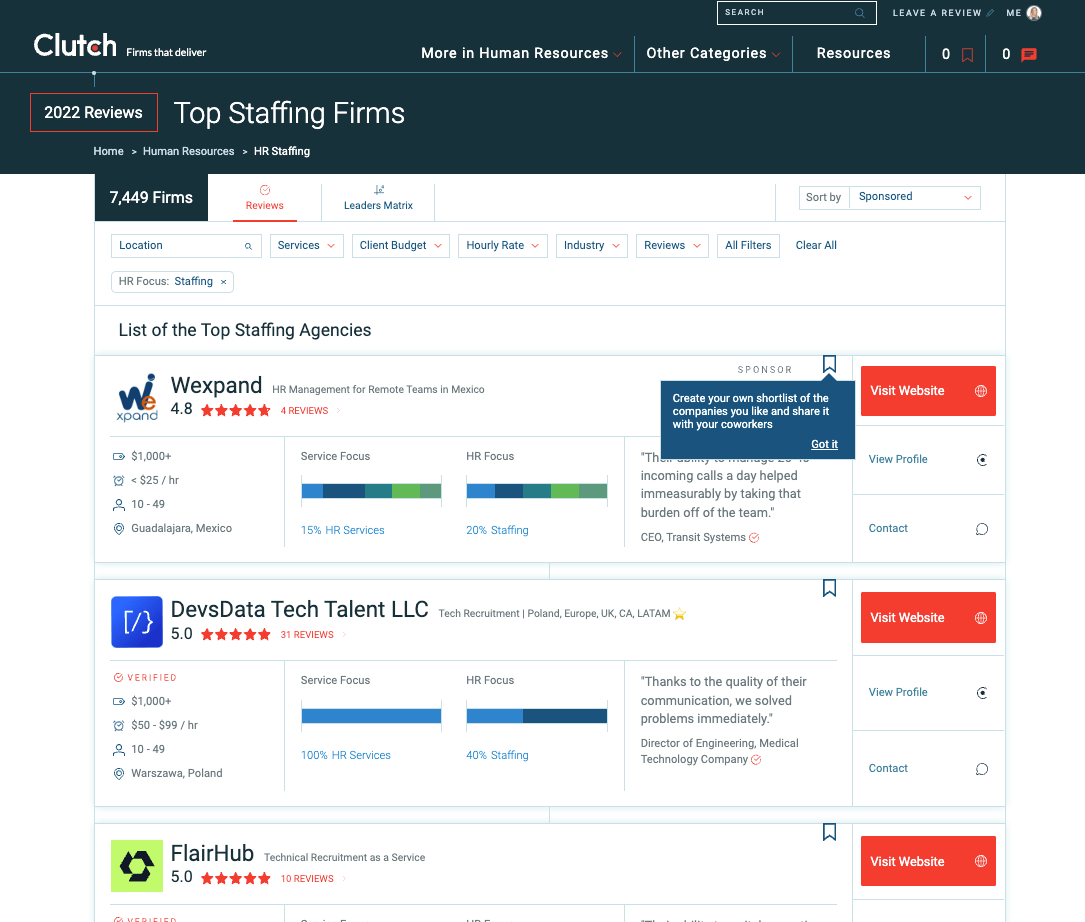 Clutch Staffing Firms Directory Page