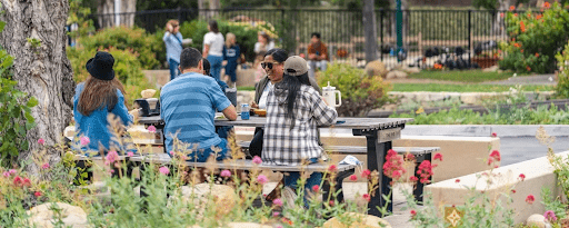 People eating at a picnic table outside