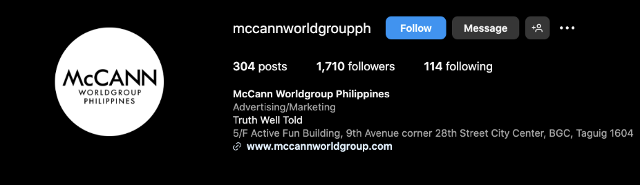 McCann advertising and marketing company instagram biography example