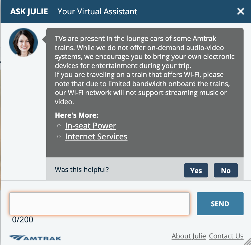 Amtrak virtual assistant example