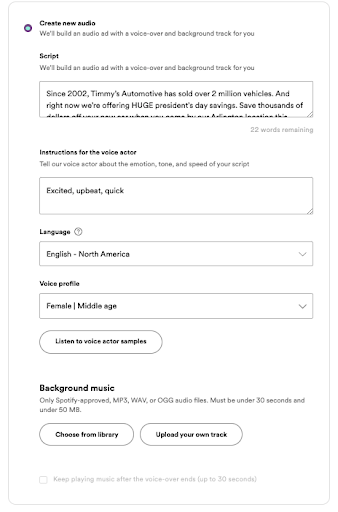 How to create new audio on Spotify ad studio