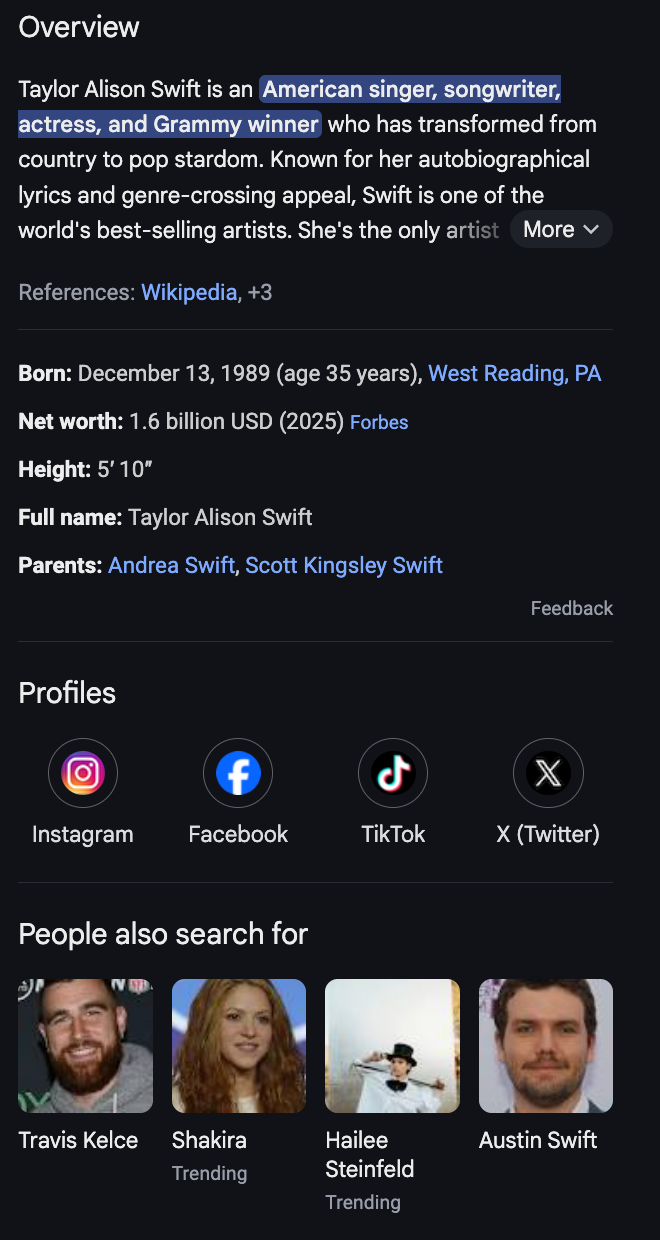 Taylor Swift's knowledge panel