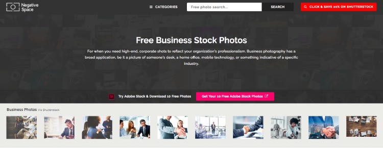 Screenshot of photo website Negative Space's homepage