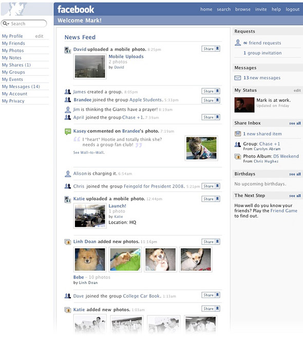 Facebook newsfeed in 2006